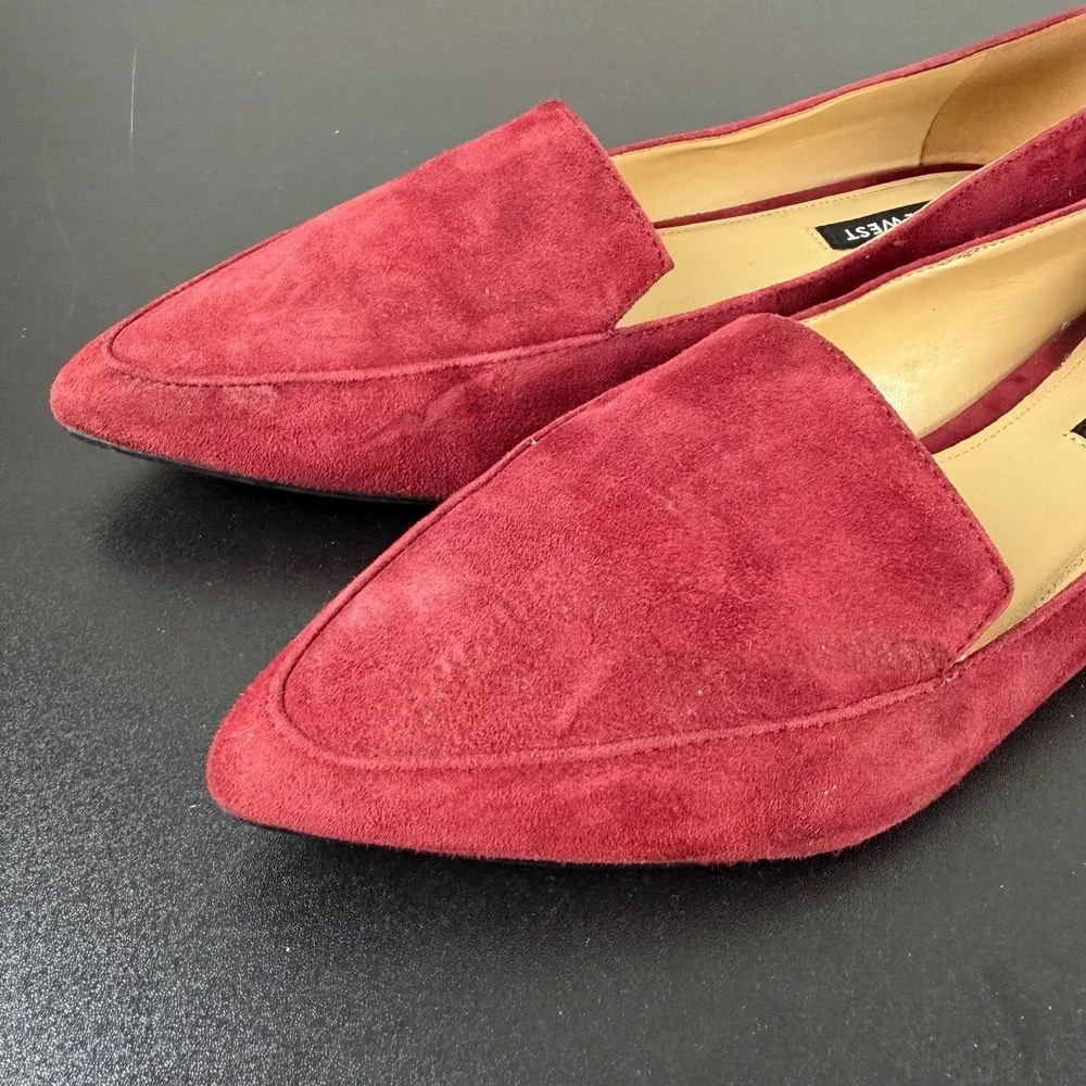 Nine West Abay Loafer Women 7.5M Burgundy Suede Pointed Toe Slip On Flats Career